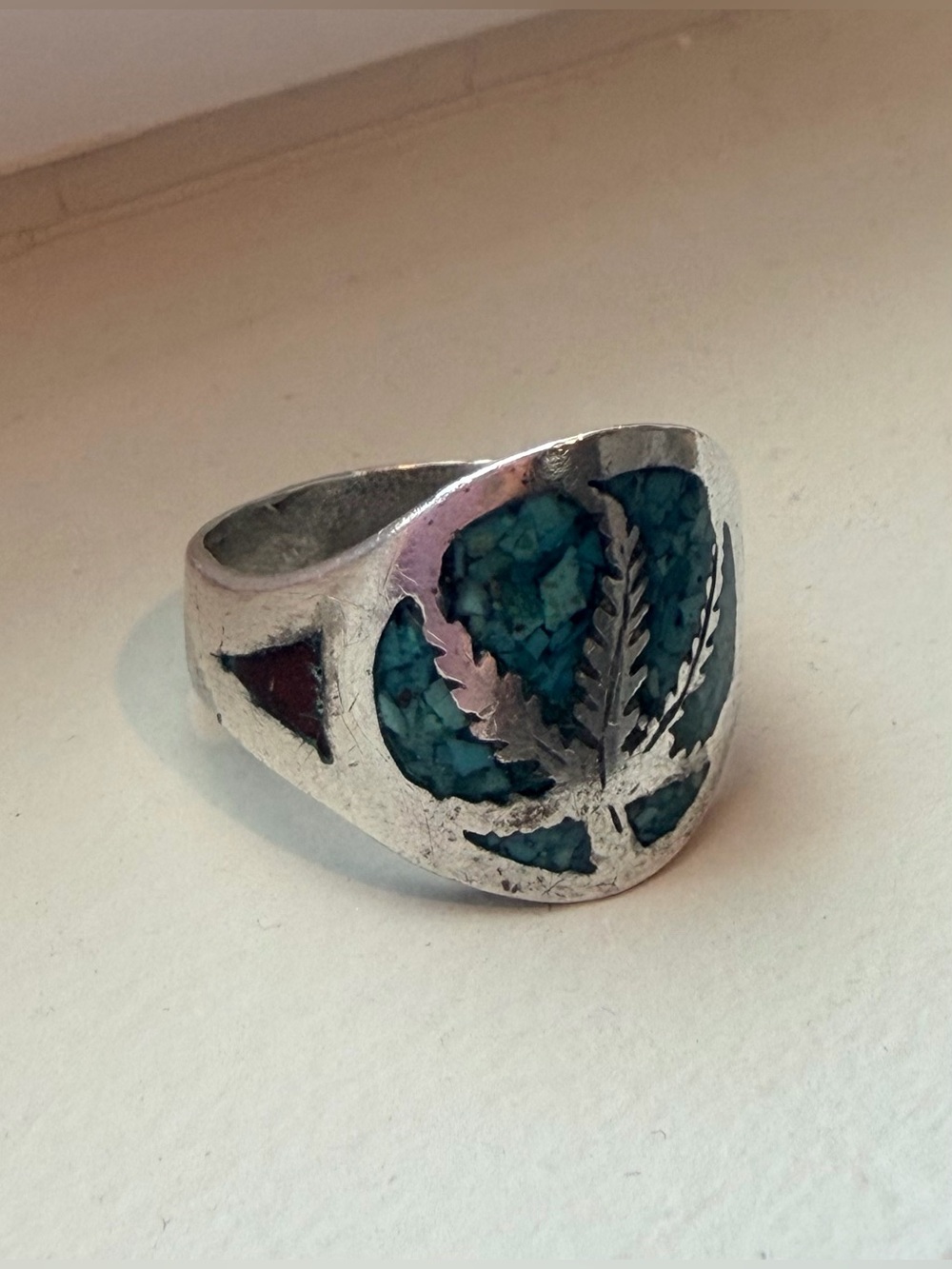 Vintage Tree of Life Weed Native silver turquoise Coral Inlay Ring size 8.5/9